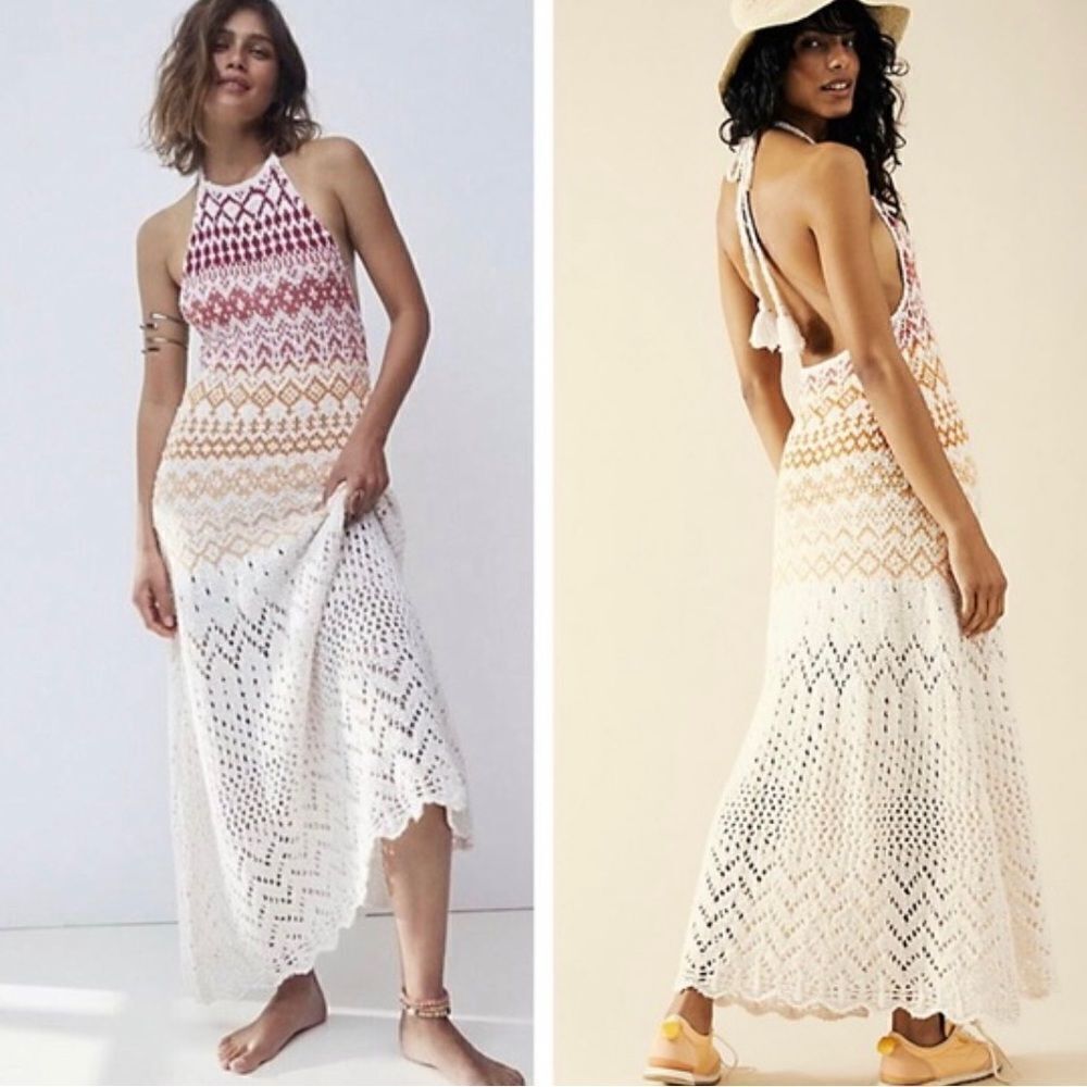 Free People Ikat Oasis Maxi Dress Halter Crochet 
Knit buckles size S